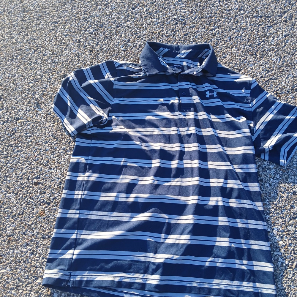 Under Armour Polo Shirt Mens XL Blue Striped HeatGear Golf Performance Top